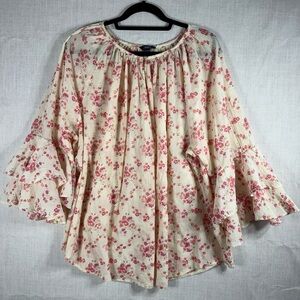 Chaps Cream Floral Peasant Blouse with Pink Print
